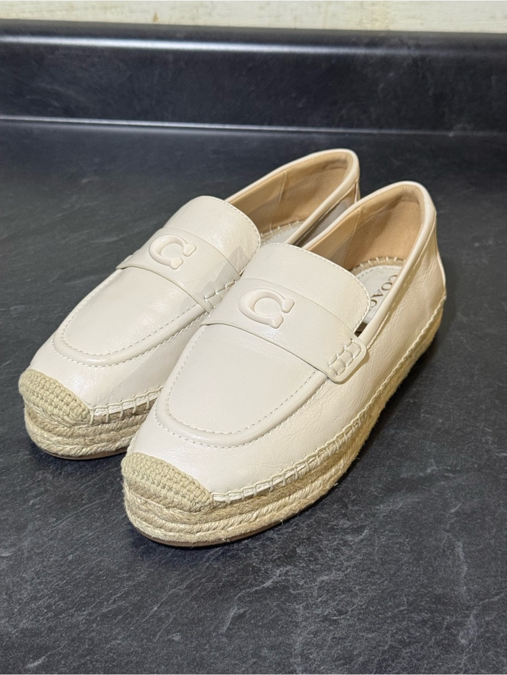 COACH Womens Camilla Logo Espadrille Flat Loafers 8.5 Leather Nude Ivory Slip On